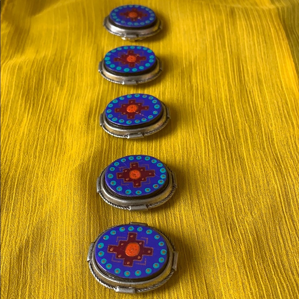 5 Button covers . Enamel painted. Southwestern